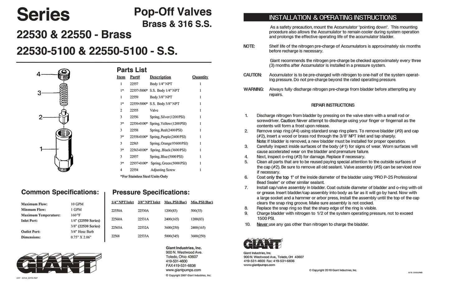 Giant Pumps Giant Pressure Relief 1/4MPT 500-1200psi - Valves