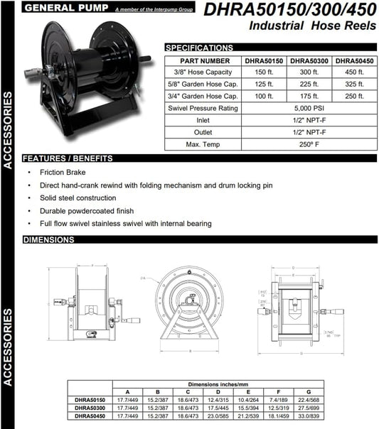 GP A-Frame Hose Reel, 3/8" X 450' 5000 PSI, Stainless Swivel, 1/2" I/O