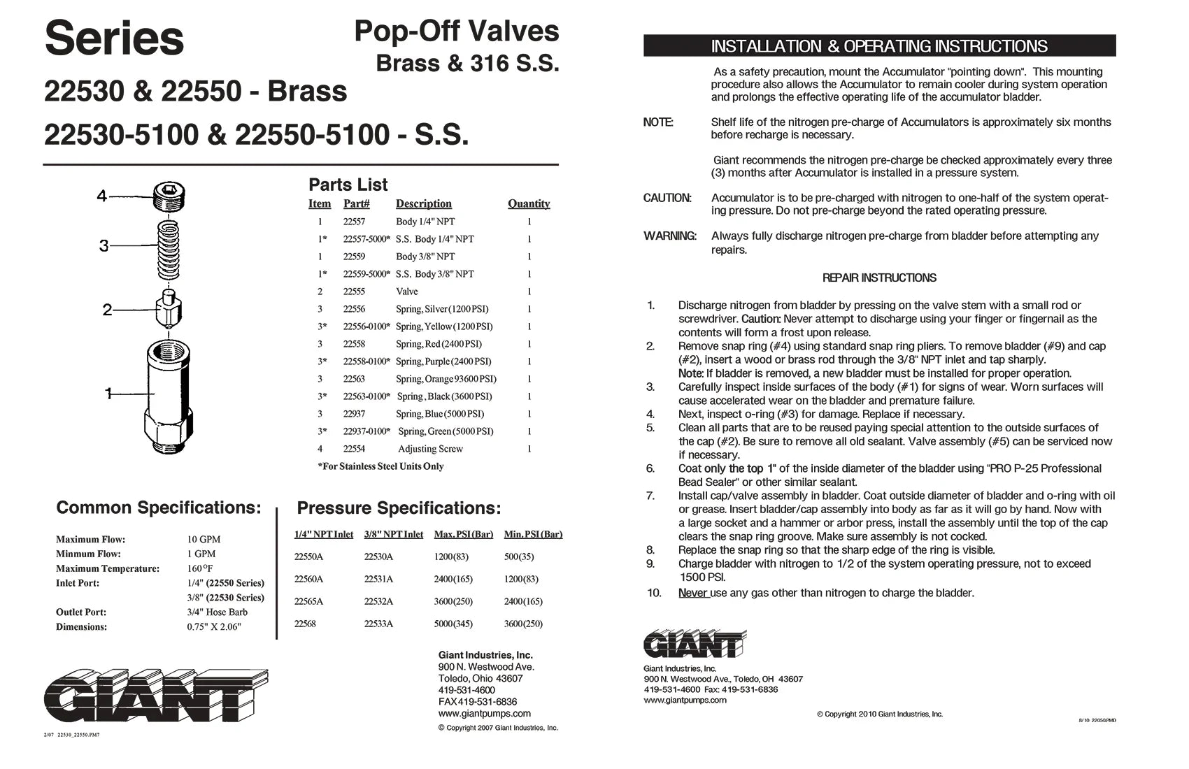 Giant Pumps Giant Pressure Relief 1/4MPT 500-1200psi - Valves