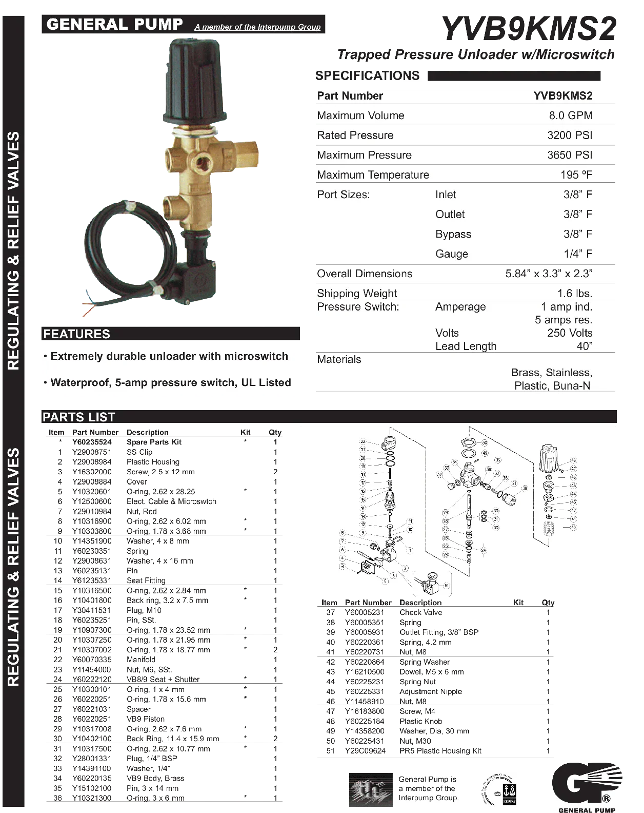 PA Yvb9kms2 Unloader W/PRESSURE Switch, 3650psi - Pressure Unloaders