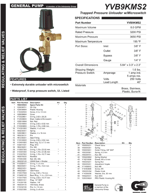 PA Yvb9kms2 Unloader W/PRESSURE Switch, 3650psi - Pressure Unloaders