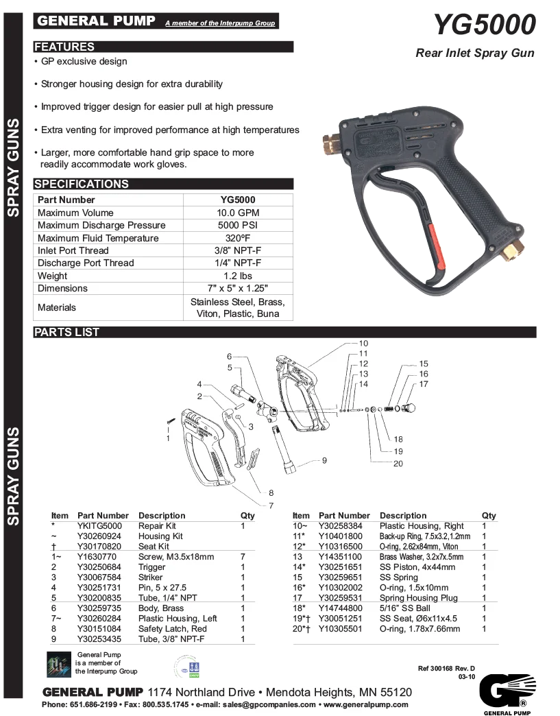 PA Repair Kit For Yg5000 - Pressure Unloader Parts