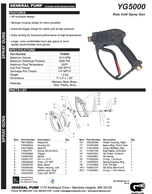 PA Repair Kit For Yg5000 - Pressure Unloader Parts