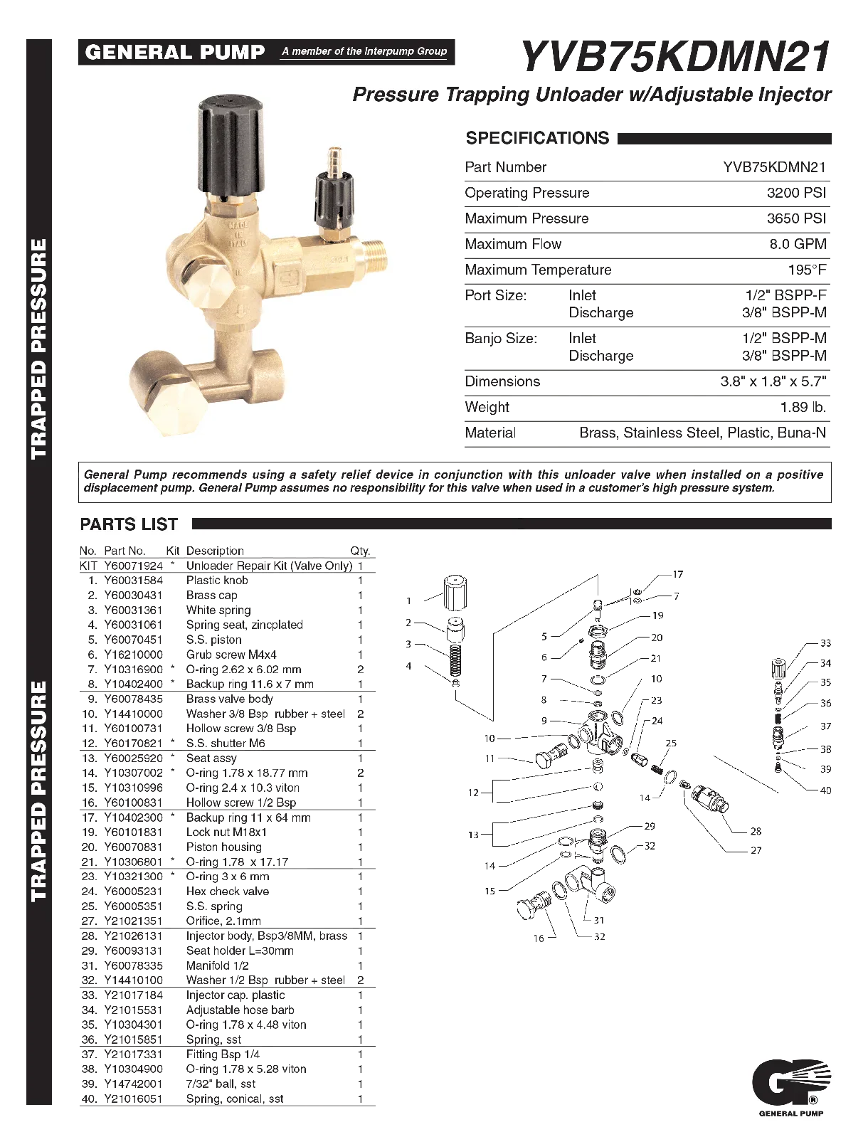 PA Pa Vb75kdm Bolt-on Unloader 8.0gpm 3650psi W/2.1IN - Pressure Unloaders