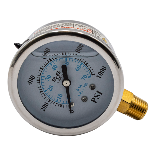 Stainless Steel Pressure Gauge 0-1000 PSI 1/4" MPT - Gauges / Filters