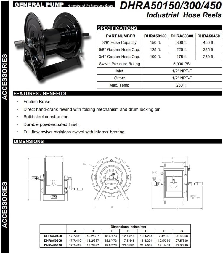 GP A-Frame Hose Reel, 3/8" X 450' 5000 PSI, Stainless Swivel, 1/2" I/O